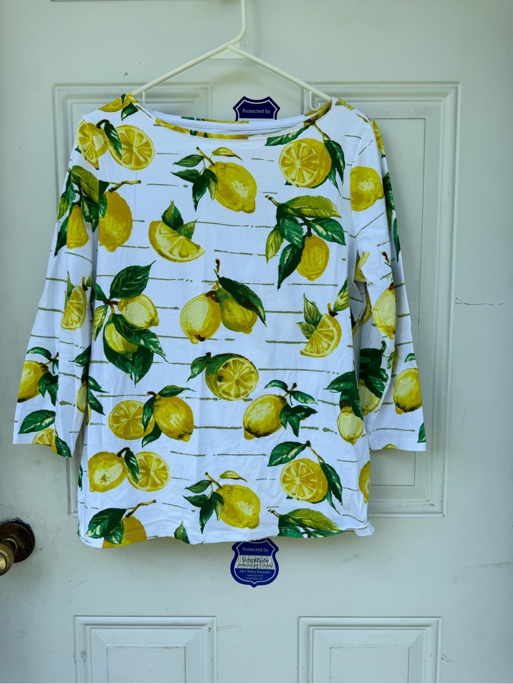 Womens Lemon-Print 3/4 Sleeve Top - White and Yellow
